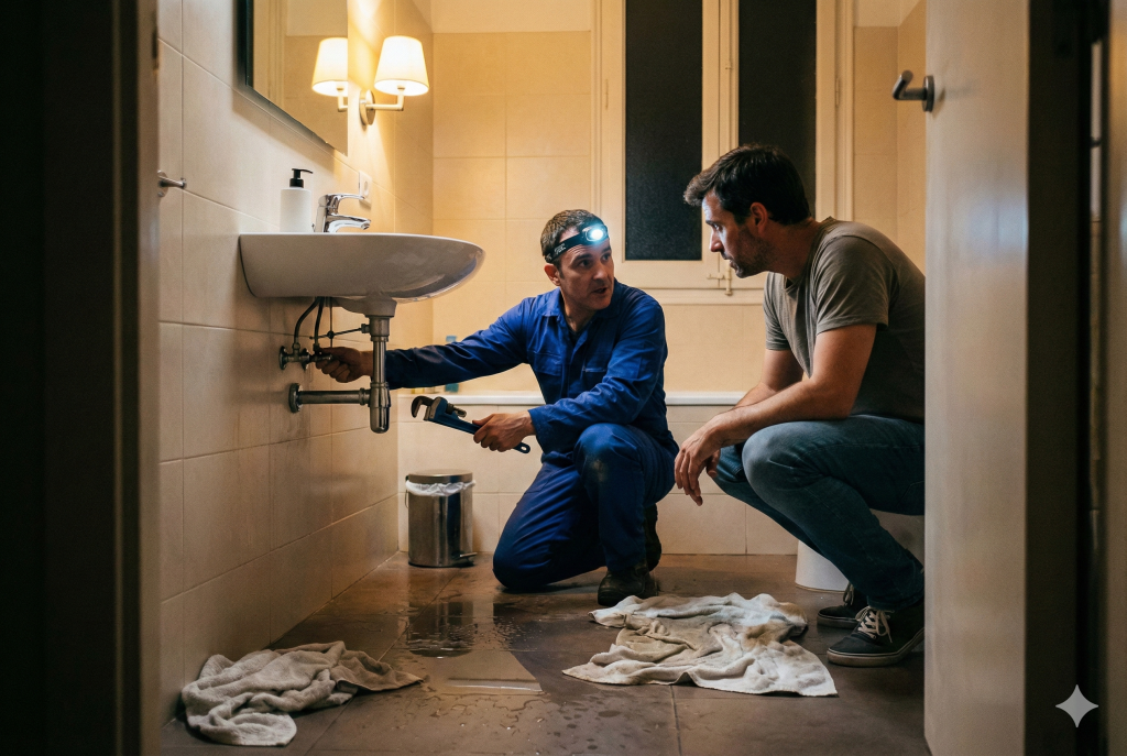Imagen horizontal 1152x768, estilo fotorrealista. Baño de un piso en Barcelona de noche, luces encendidas. El suelo tiene algo de agua, un fontanero con ropa de trabajo está cerrando la llave de paso mientras habla con el cliente. Sensación de urgencia pero controlada, sin texto ni logotipos.