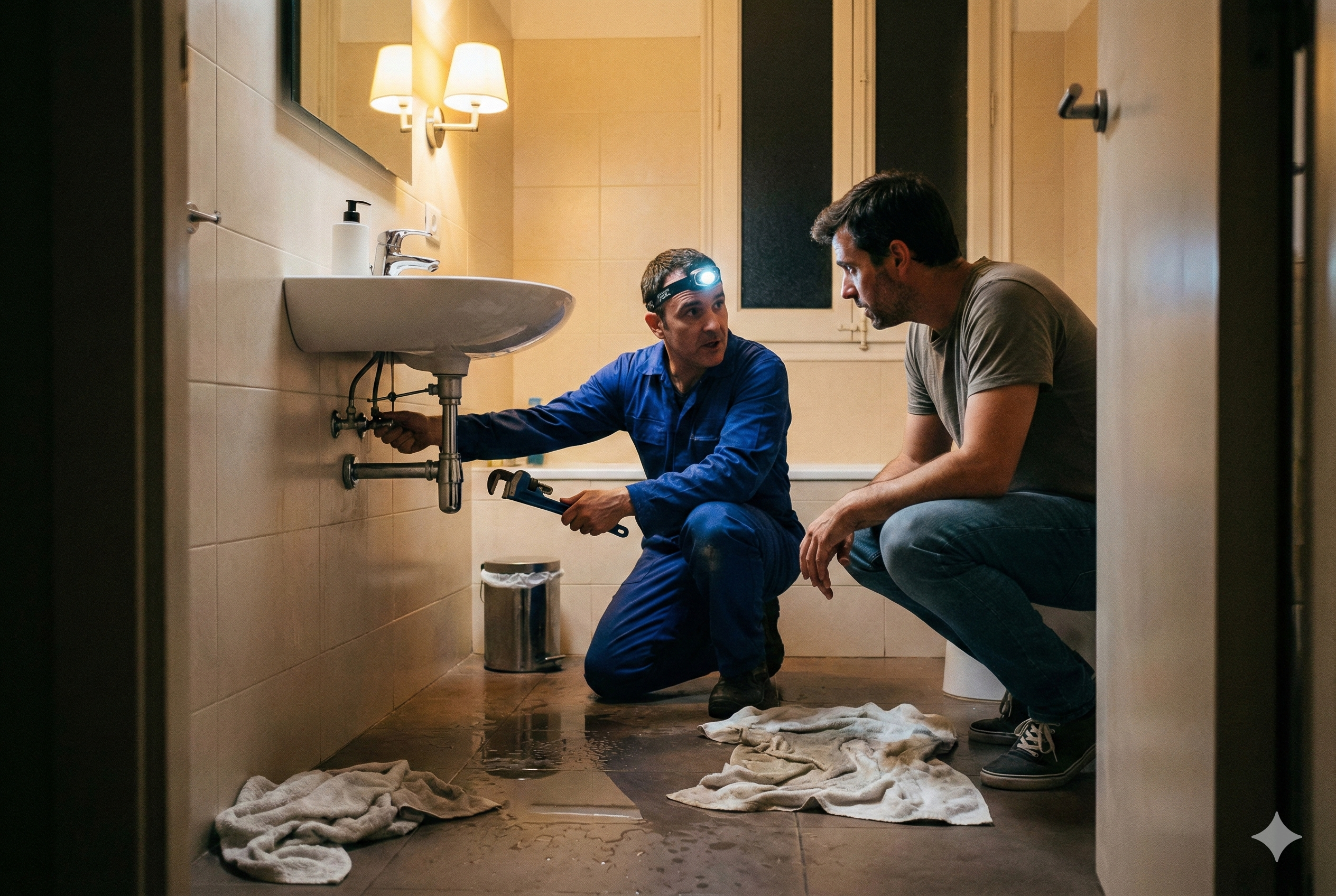 Imagen horizontal 1152x768, estilo fotorrealista. Baño de un piso en Barcelona de noche, luces encendidas. El suelo tiene algo de agua, un fontanero con ropa de trabajo está cerrando la llave de paso mientras habla con el cliente. Sensación de urgencia pero controlada, sin texto ni logotipos.