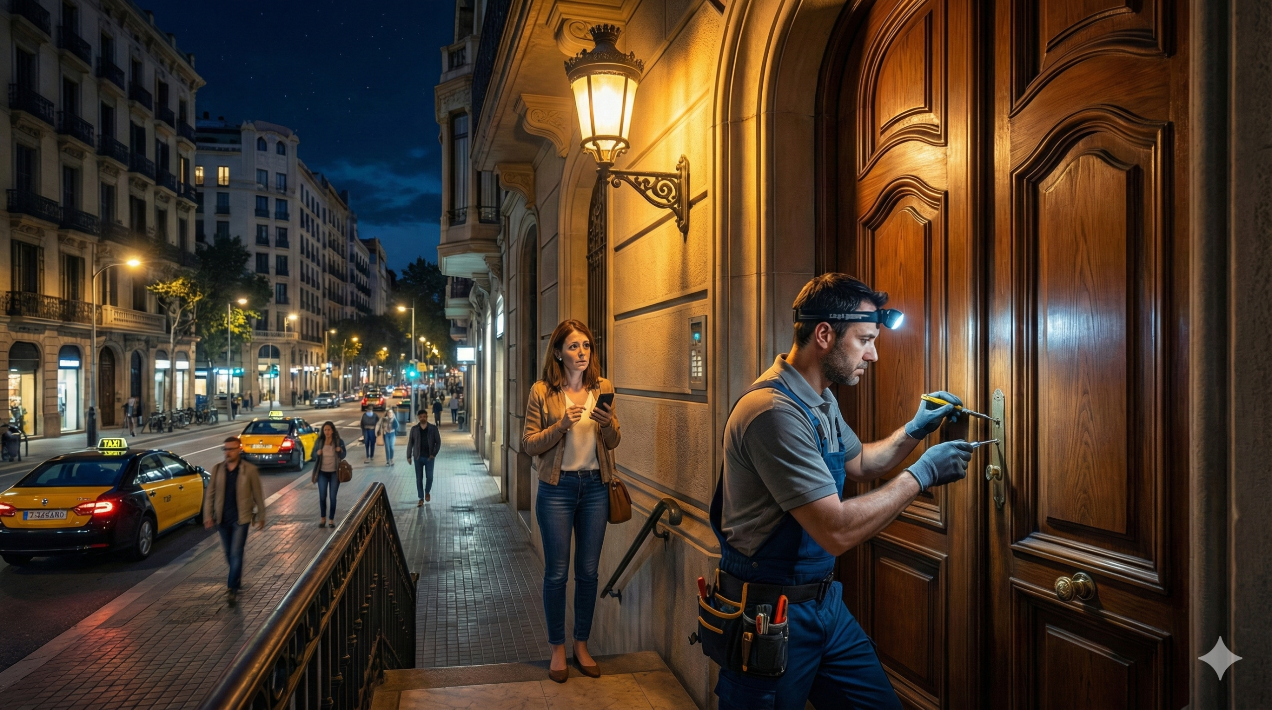 Cerrajero urgente en Barcelona abriendo la puerta de un piso de noche