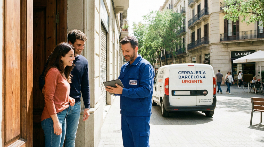 Cliente hablando con un cerrajero profesional en la entrada de su piso en Barcelona