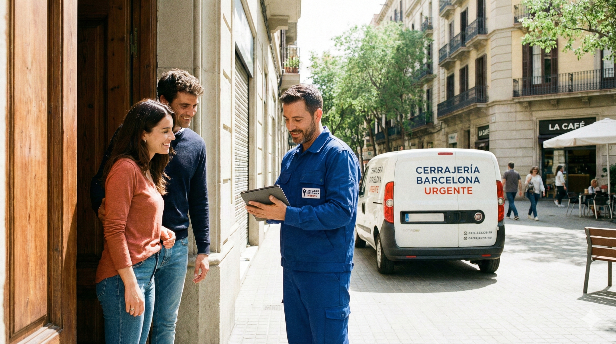 Cliente hablando con un cerrajero profesional en la entrada de su piso en Barcelona