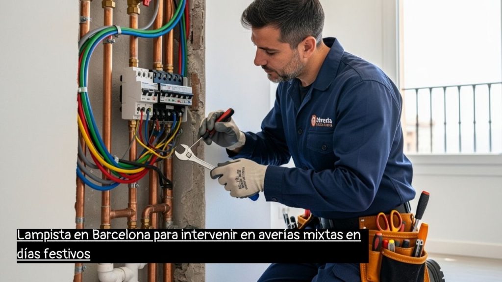 lampista en Barcelona reparando una avería mixta en un piso durante un día festivo
