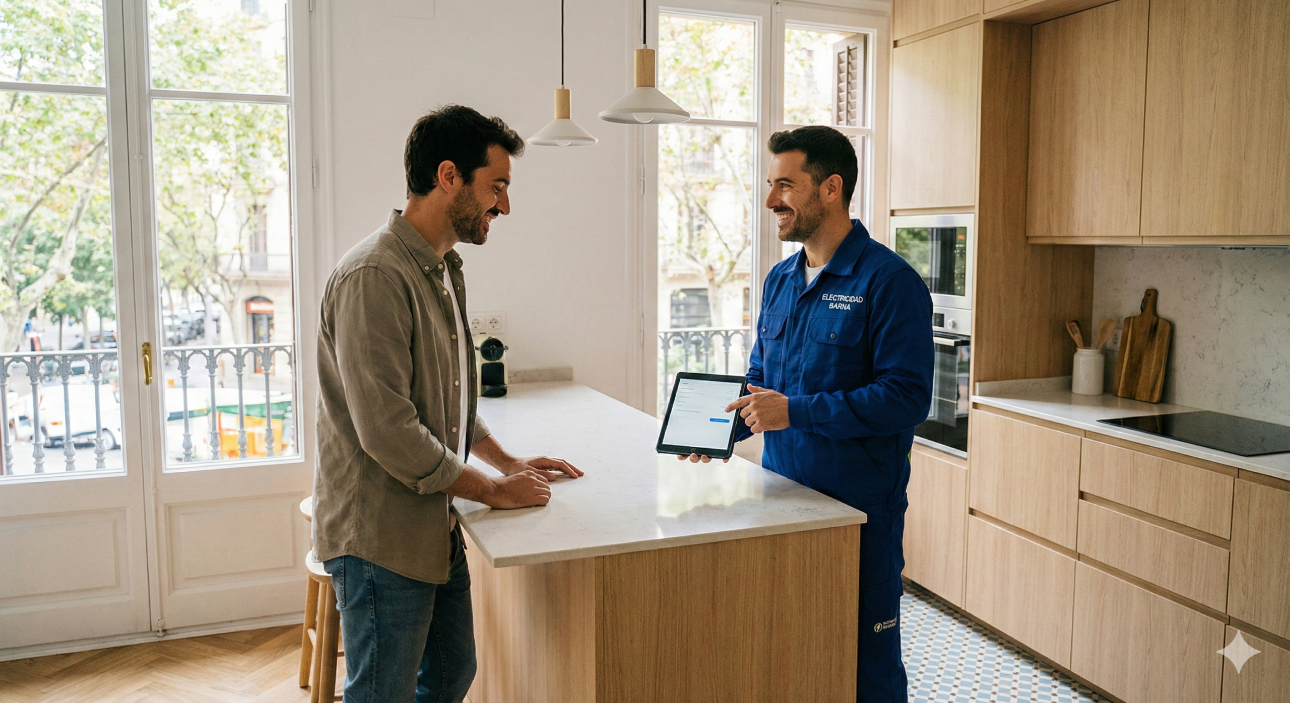 Electricista hablando con un cliente en una cocina moderna de Barcelona mientras le muestra un presupuesto en una tablet