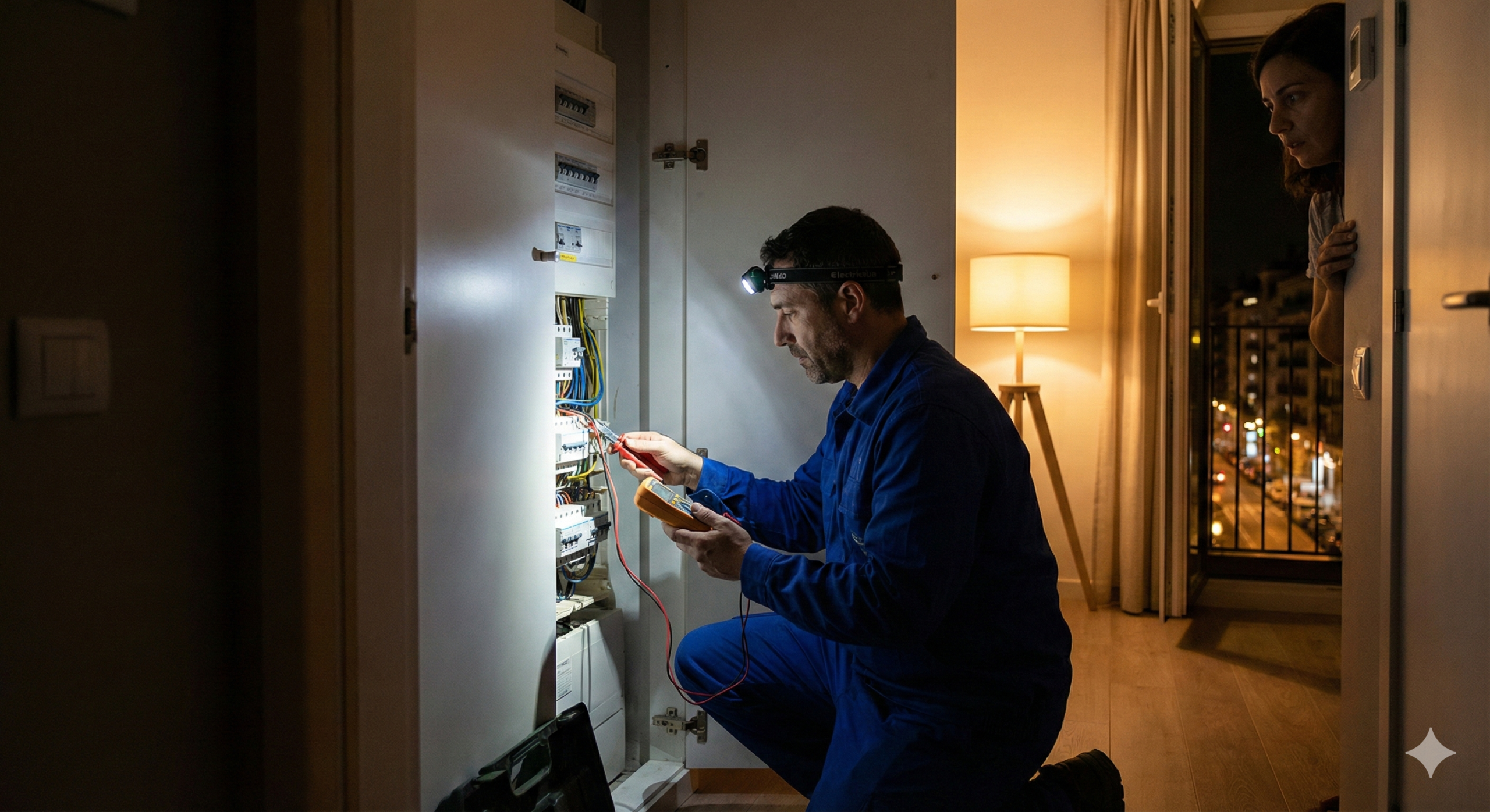 Electricista urgente revisando un cuadro eléctrico en un piso de Barcelona por la noche
