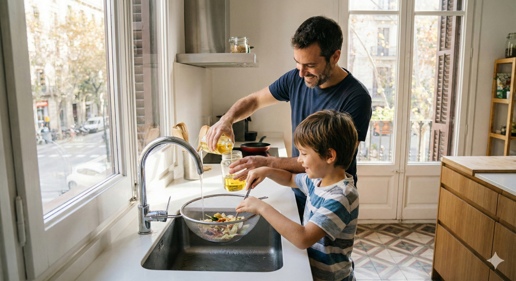 Familia en una cocina de Barcelona usando un filtro recoge-restos para prevenir atascos en el fregadero.