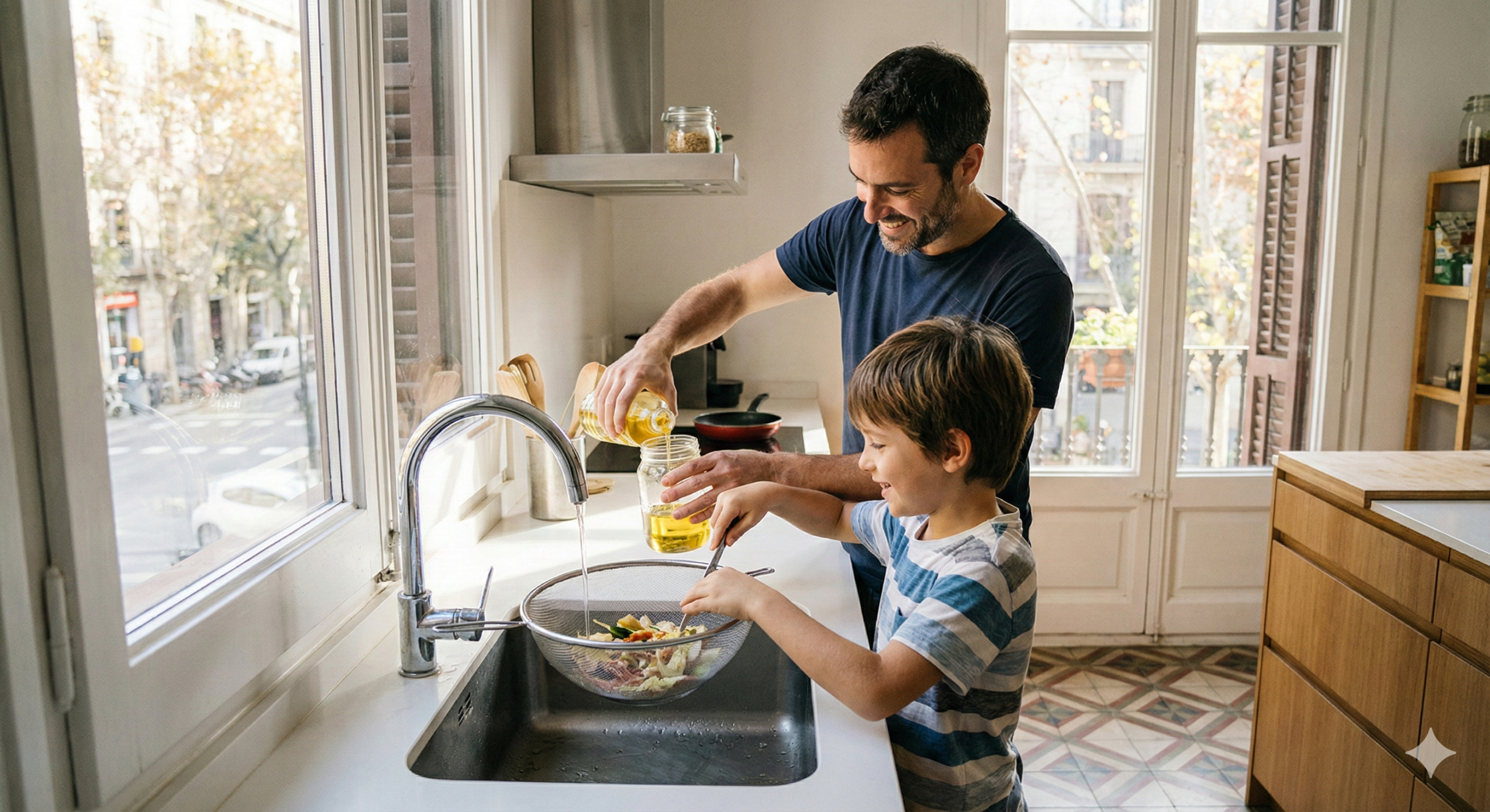 Familia en una cocina de Barcelona usando un filtro recoge-restos para prevenir atascos en el fregadero.