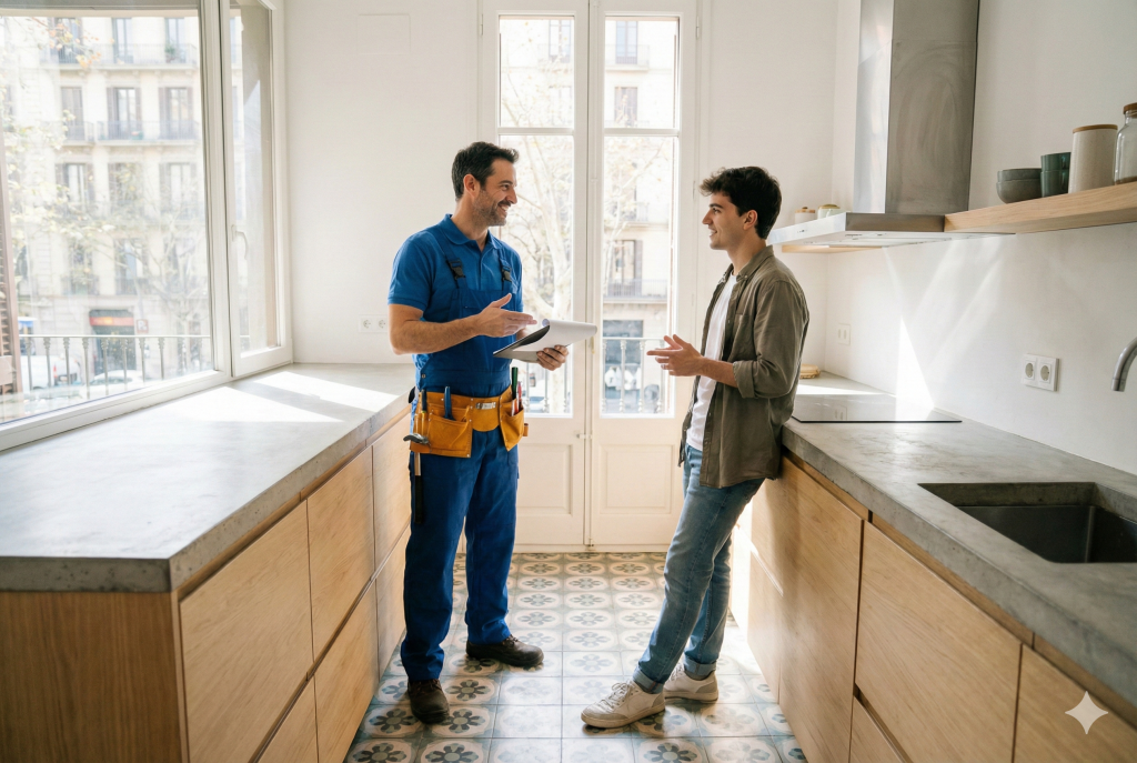 Fontanero en Barcelona mostrando un presupuesto al cliente en la cocina de un piso, ambos sonrientes