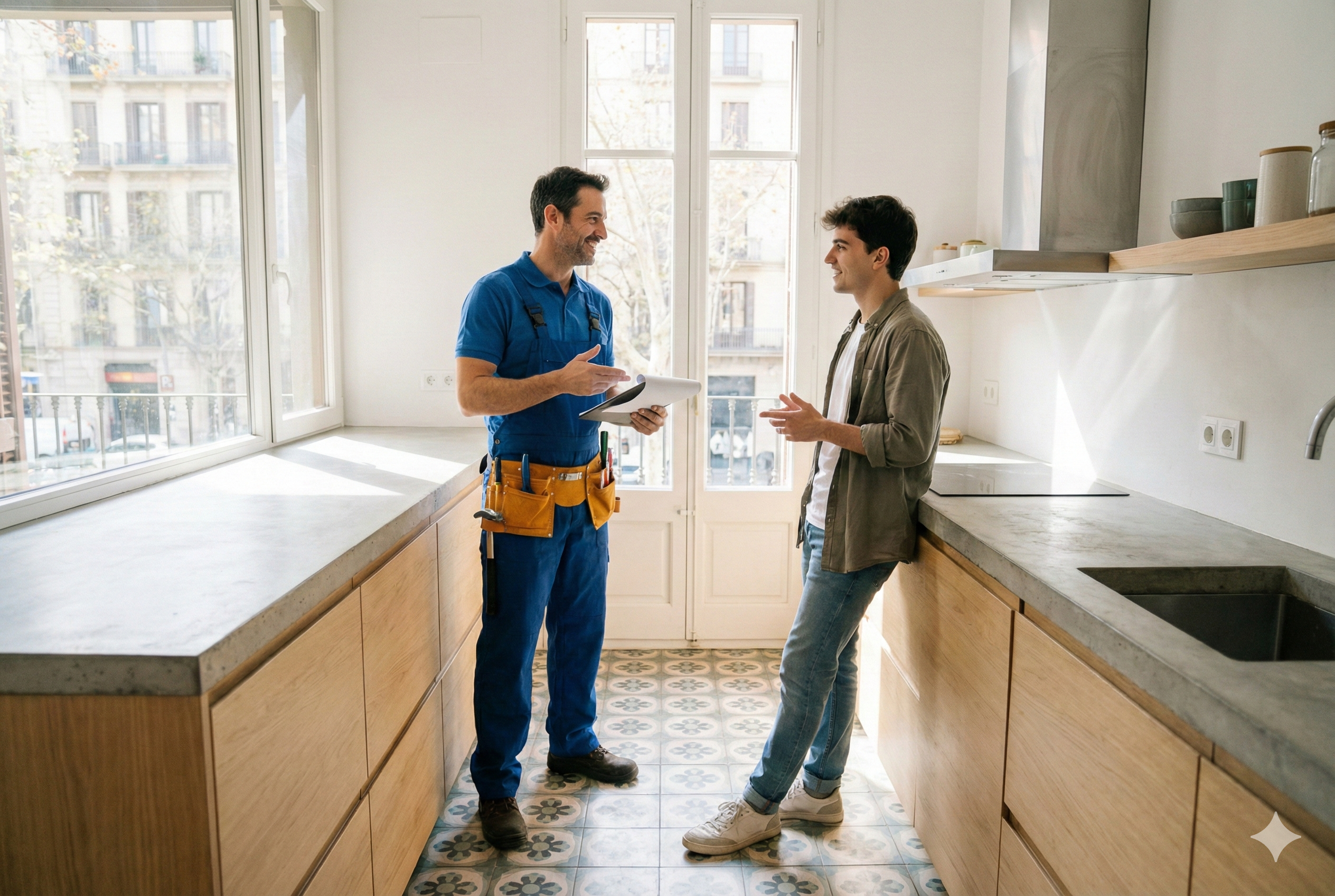 Fontanero en Barcelona mostrando un presupuesto al cliente en la cocina de un piso, ambos sonrientes