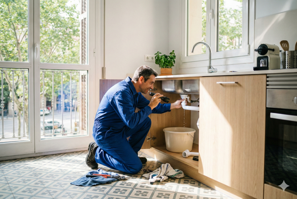 Fontanero revisando una tubería bajo el fregadero en un piso de Barcelona para detectar una fuga de agua