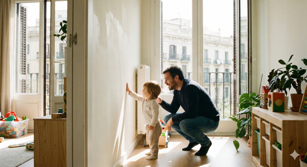 Niño tocando una pared recién pintada mientras un adulto le enseña cómo cuidarla