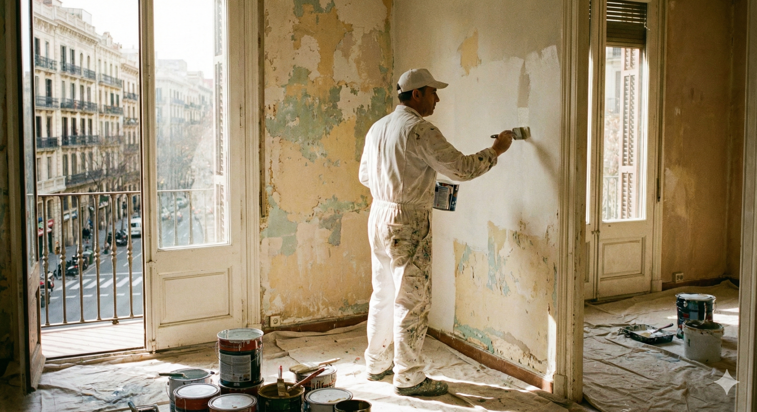 Pintor profesional repasando una pared de salón en Barcelona por la noche
