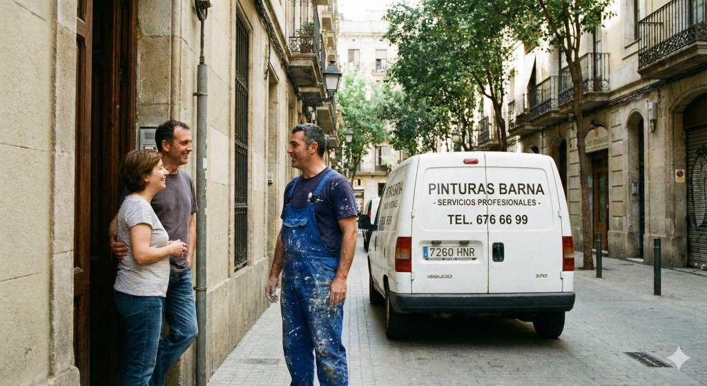 Pintor saludando a una pareja en la puerta de su piso en Barcelona con furgoneta de pintores al fondo