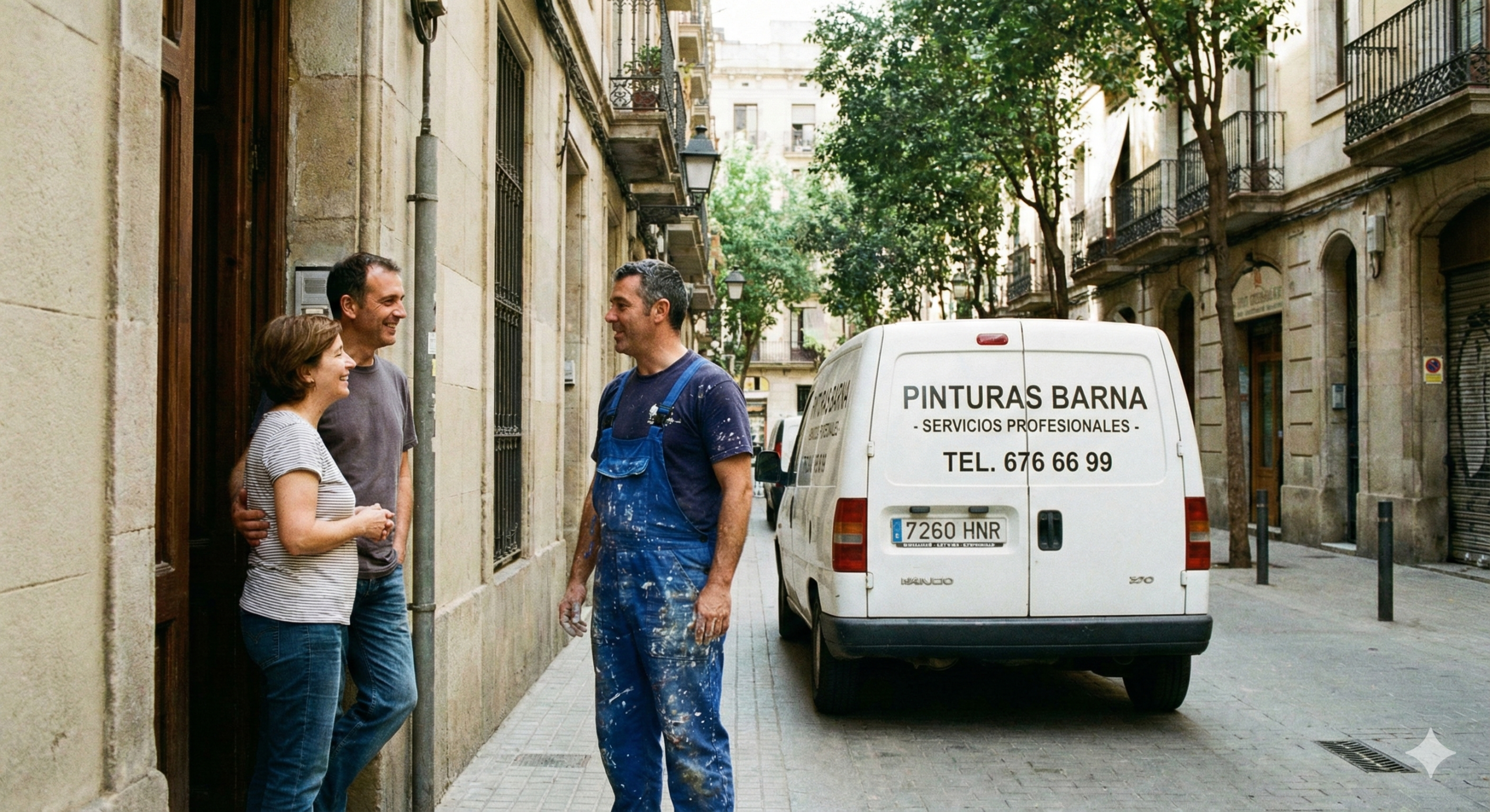 Pintor saludando a una pareja en la puerta de su piso en Barcelona con furgoneta de pintores al fondo