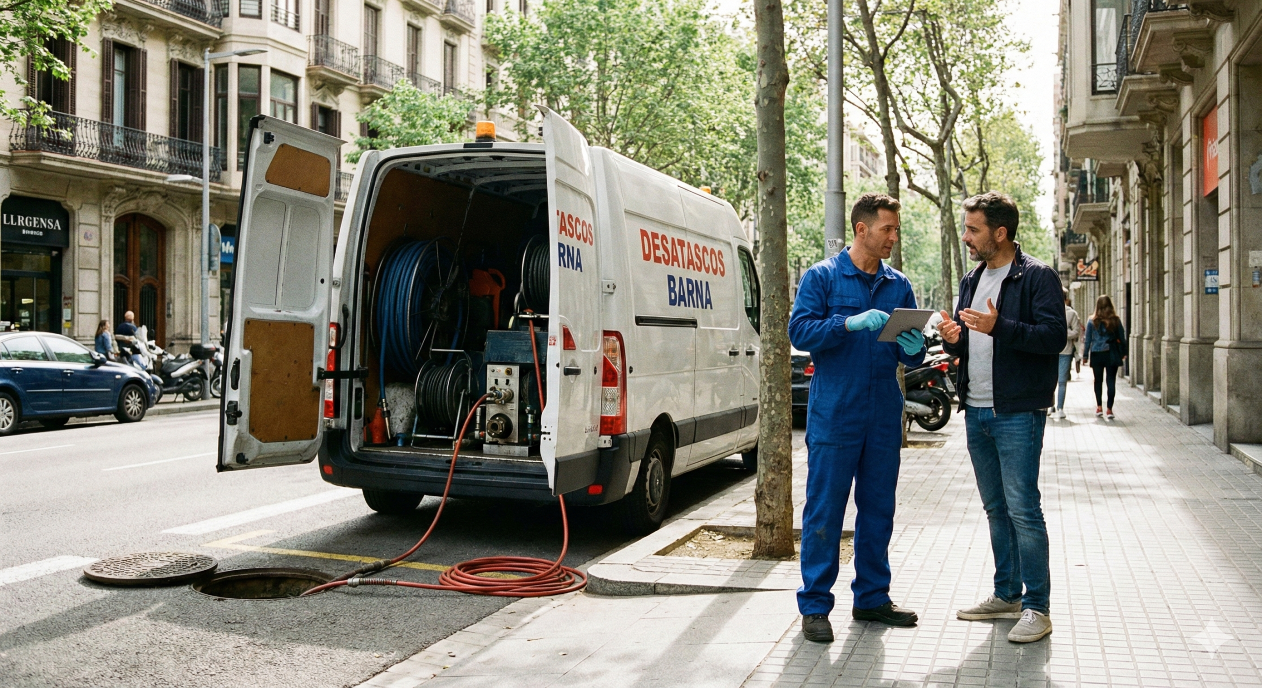 Técnico de desatascos en Barcelona explicando un presupuesto a un cliente junto a su furgón.