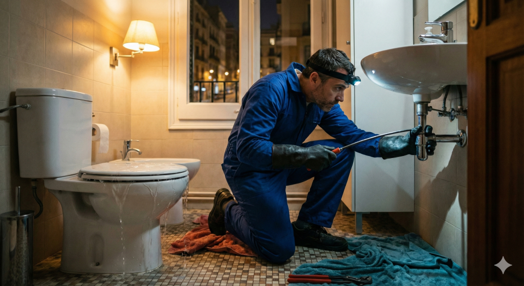 Técnico de desatascos urgente en Barcelona revisando un inodoro a punto de desbordarse en un piso.