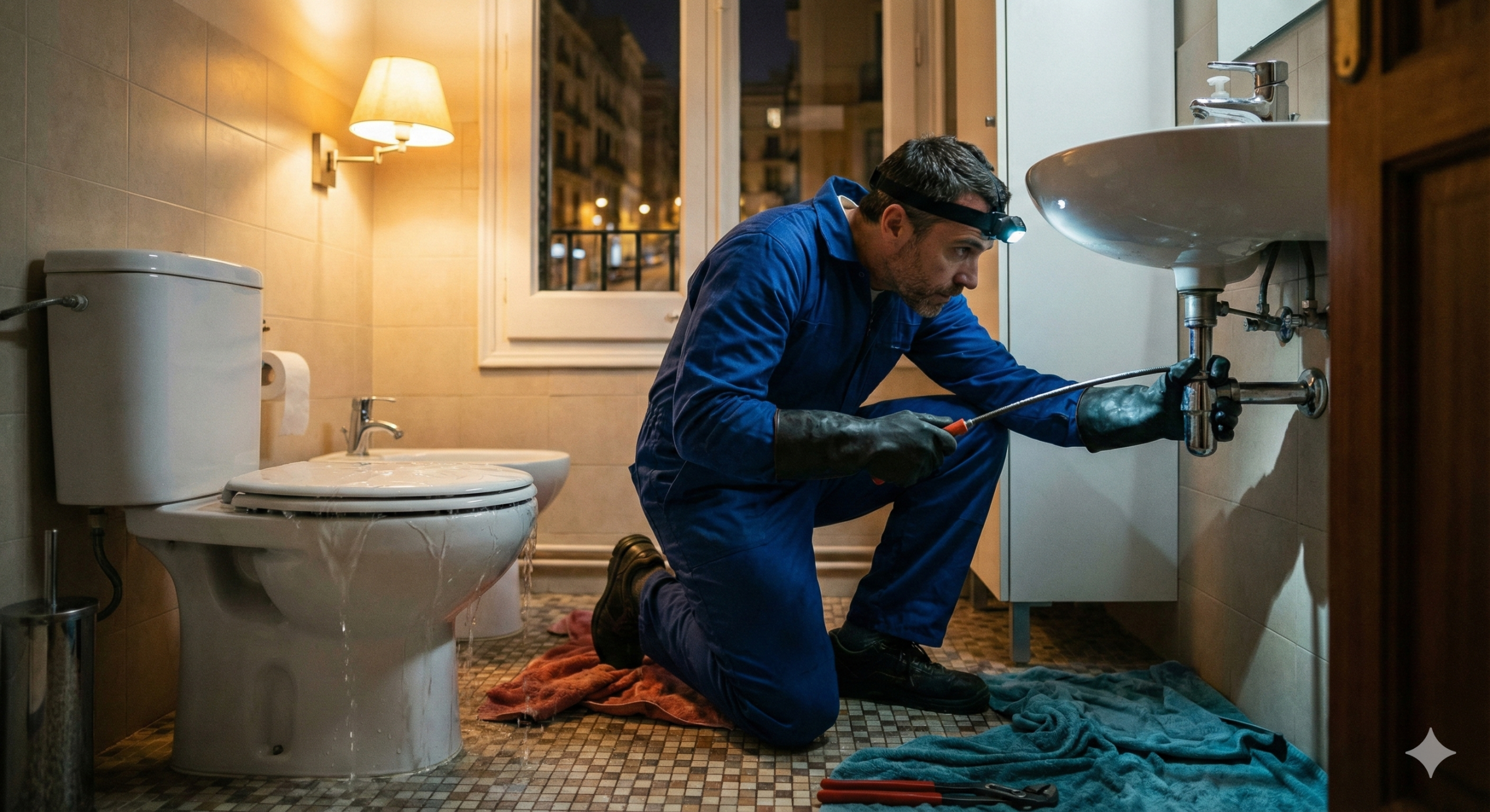 Técnico de desatascos urgente en Barcelona revisando un inodoro a punto de desbordarse en un piso.